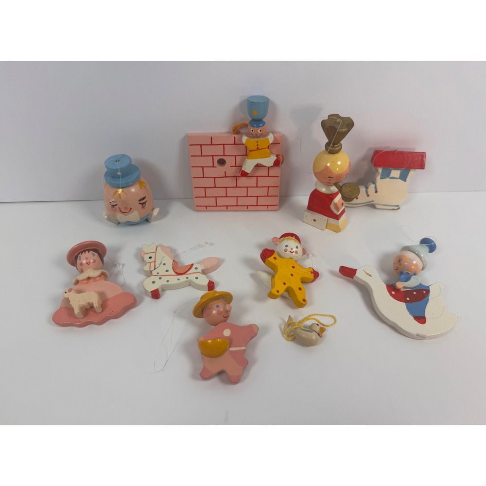 Vintage Wooden Nursery Rhyme Christmas Ornaments Lot Humpty Dumpty Bo Peep 10pc